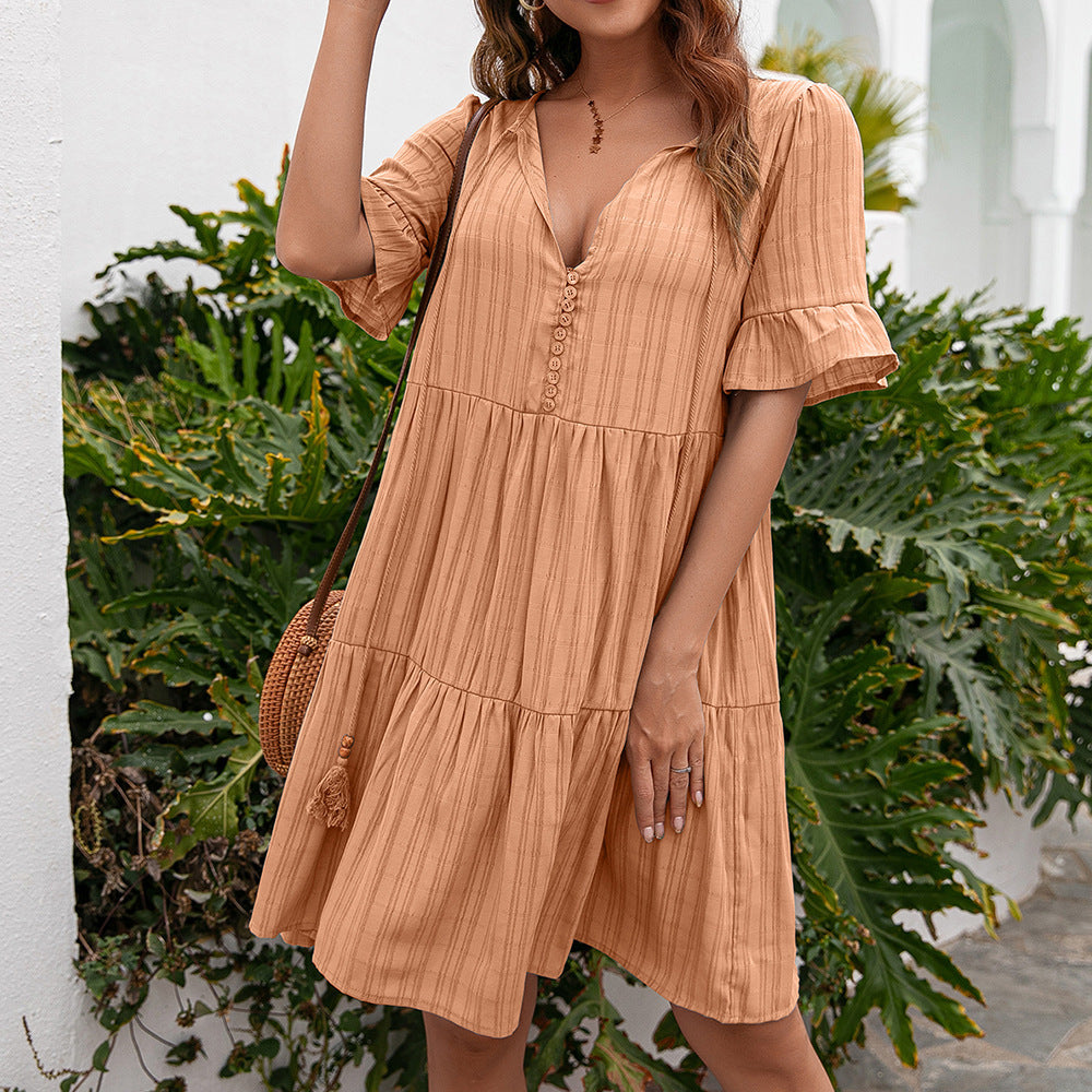 Women's Dress - Bohemian A-line - Short Sleeve with Ruffle - V-neck with Tie - Loose Fit