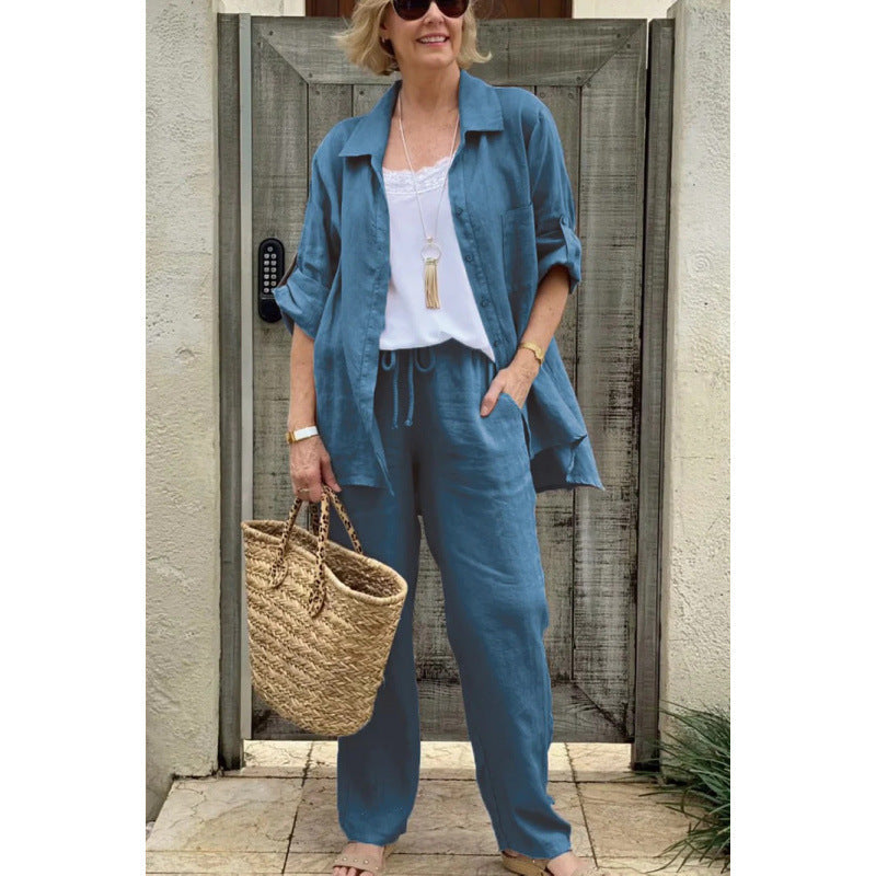Women's Set with Shirt and Pants – Linen – Relaxed Fit – Buttons – Drawstring