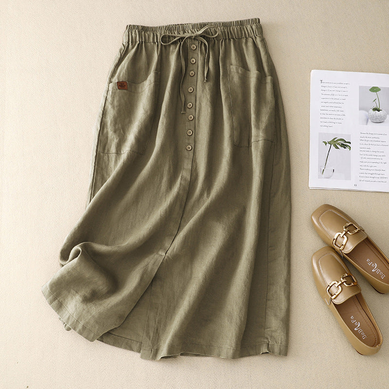 Women's A-line Skirt – Natural Material – Midi Length – Elastic and Tie – Pockets
