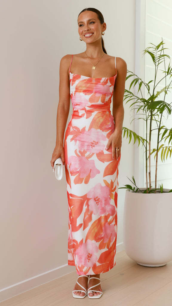 Dress for Women – Tight Fit – Spaghetti Straps – Floral Pattern – Ankle Length