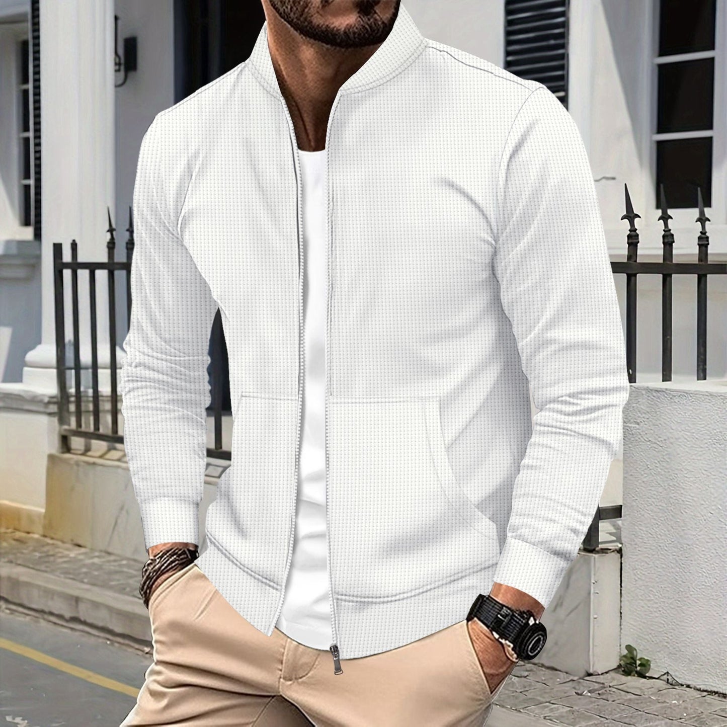 Men's Zip Jacket – Athletic Fit – Textured Fabric – Ribbed Edges – Front Pockets