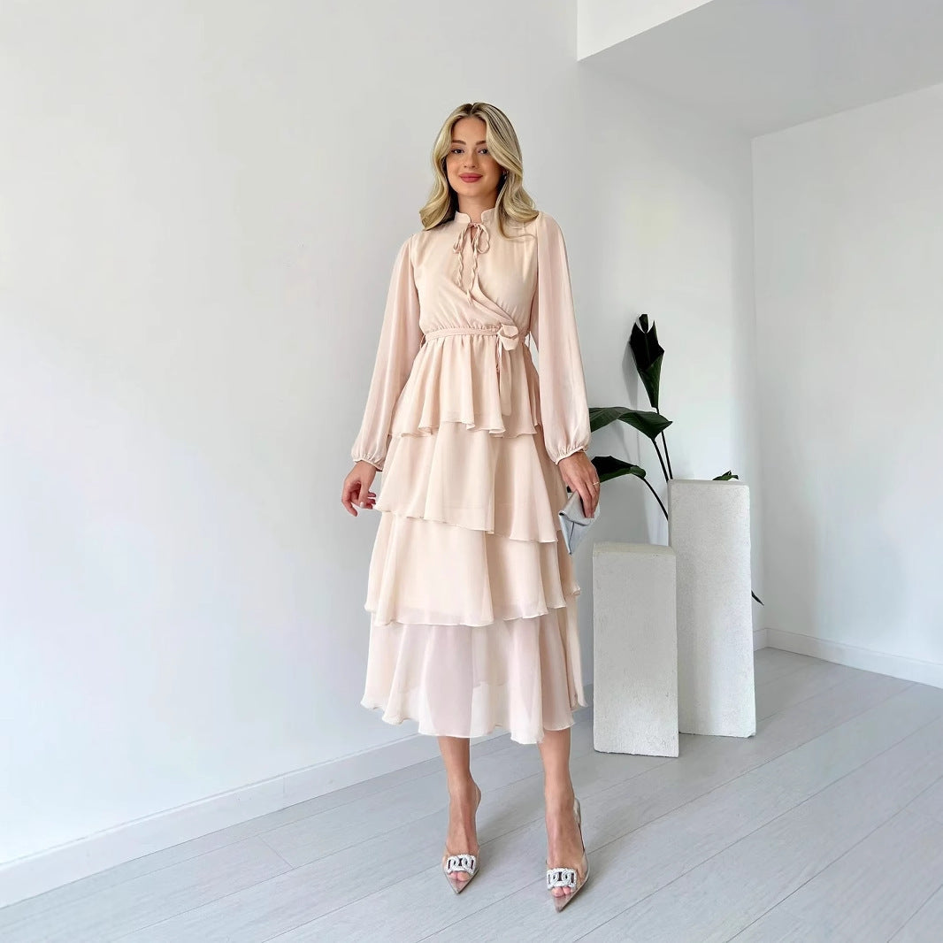 Dress woman – chiffon – midi length – A-line with ruffles – long sleeves – tie at the waist