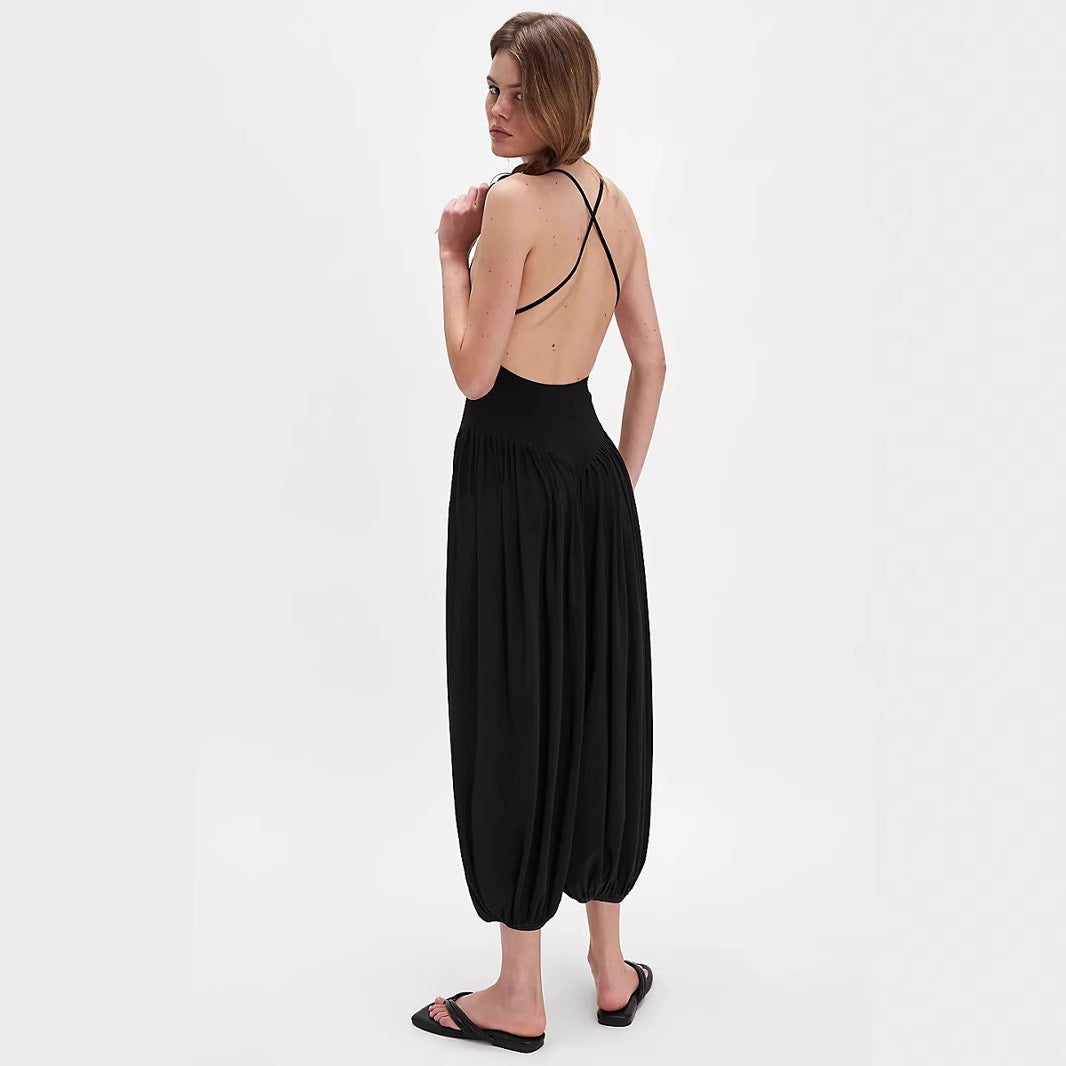 Dame jumpsuit – vid ben – ryggløs – spaghetti-stropper – lett og pustende