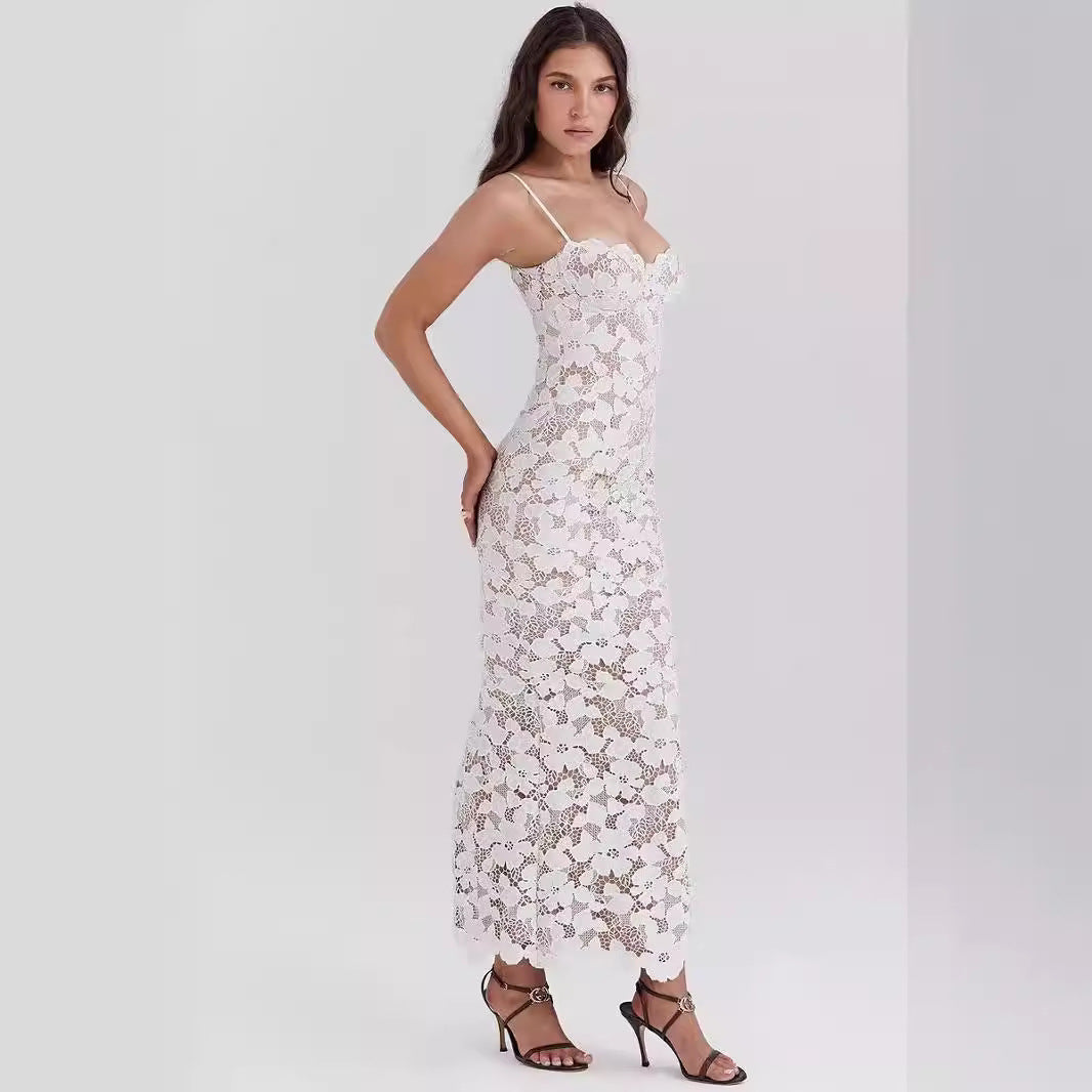 Dress for Women – Slim Fit – Ankle Length – Lace – Spaghetti Straps – Heart-Shaped Neckline
