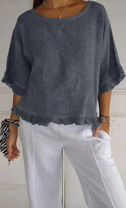 Women's Blouse – Linen and Cotton – Relaxed Fit – Ruffle Edge – Round Neck