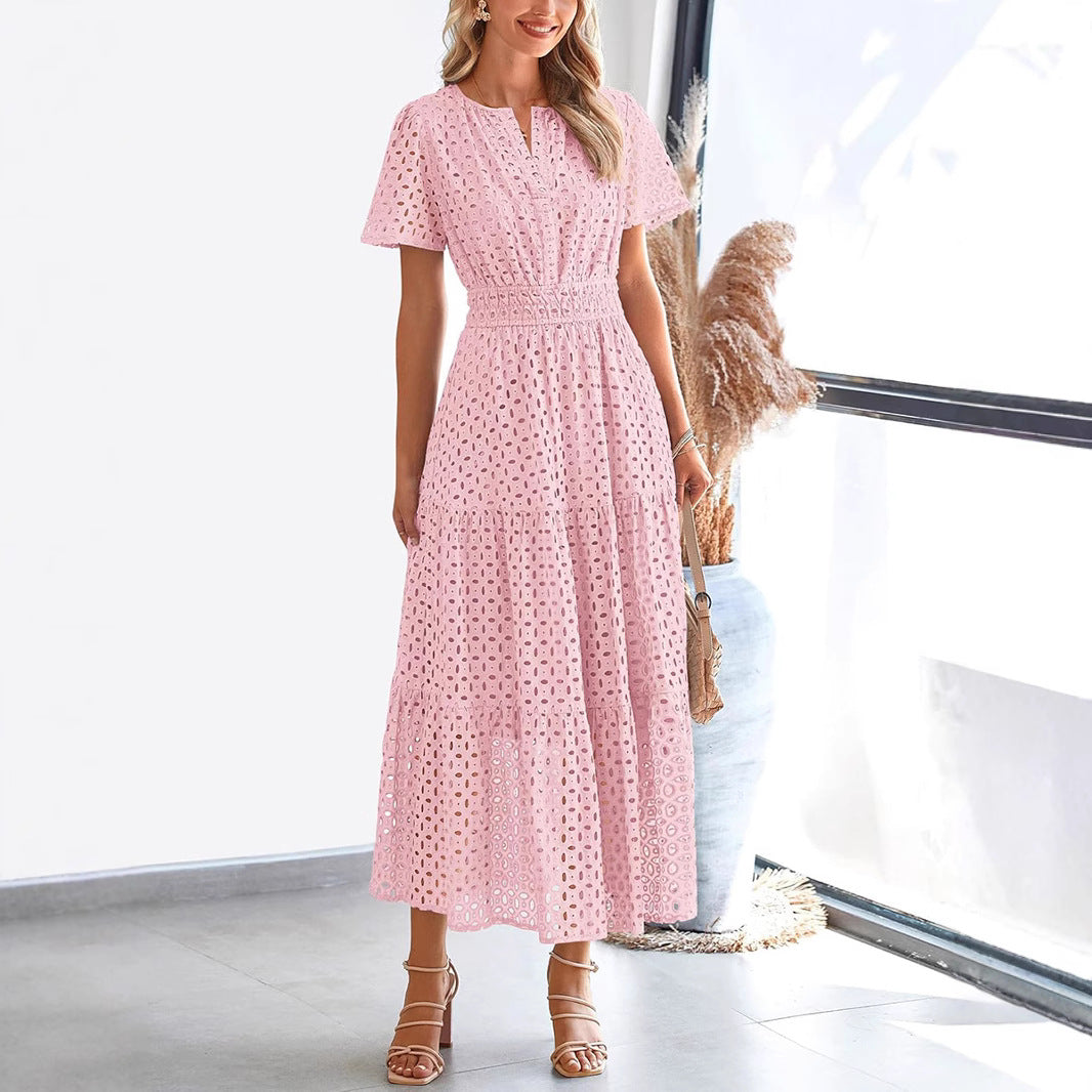 Women's Long Dress – Embroidered Lace – V-neck – Short Sleeve – Loose Fit