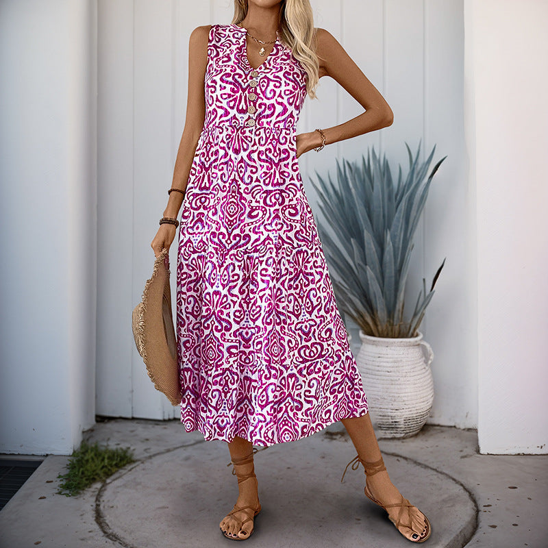 Women's Midi Dress – Sleeveless V-neck – Relaxed Fit – A-line – Abstract Pattern