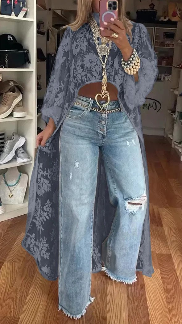 Women's Long Kimono – Sheer Floral Design – Loose Fit – Light and Elegant Layering
