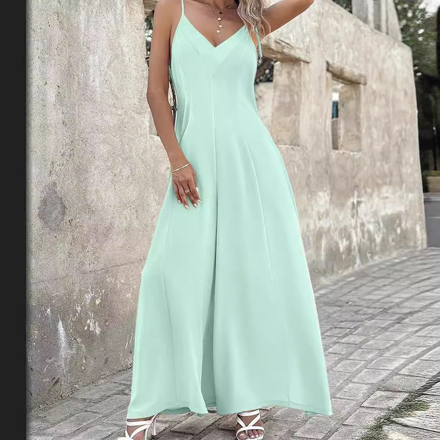 Women's Jumpsuit – V-neck – Spaghetti Straps – Wide Legs – Relaxed Fit – Defined Waist