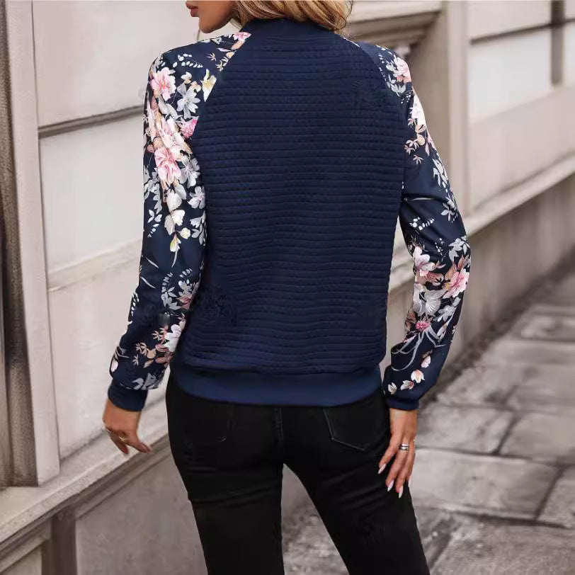 Women's Jacket – Regular Fit – Padded Body – Floral Sleeves – Zipper