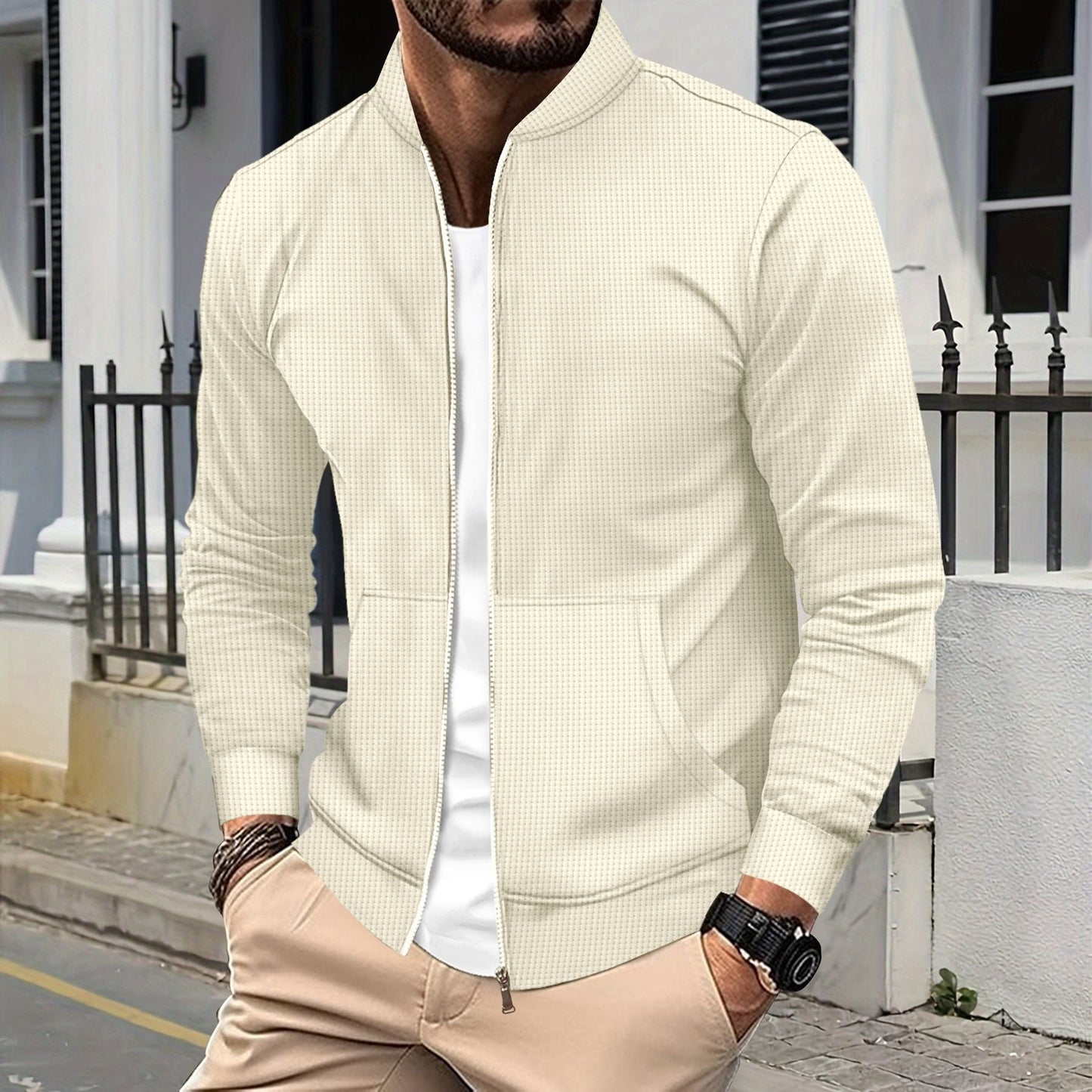 Men's Zip Jacket – Athletic Fit – Textured Fabric – Ribbed Edges – Front Pockets