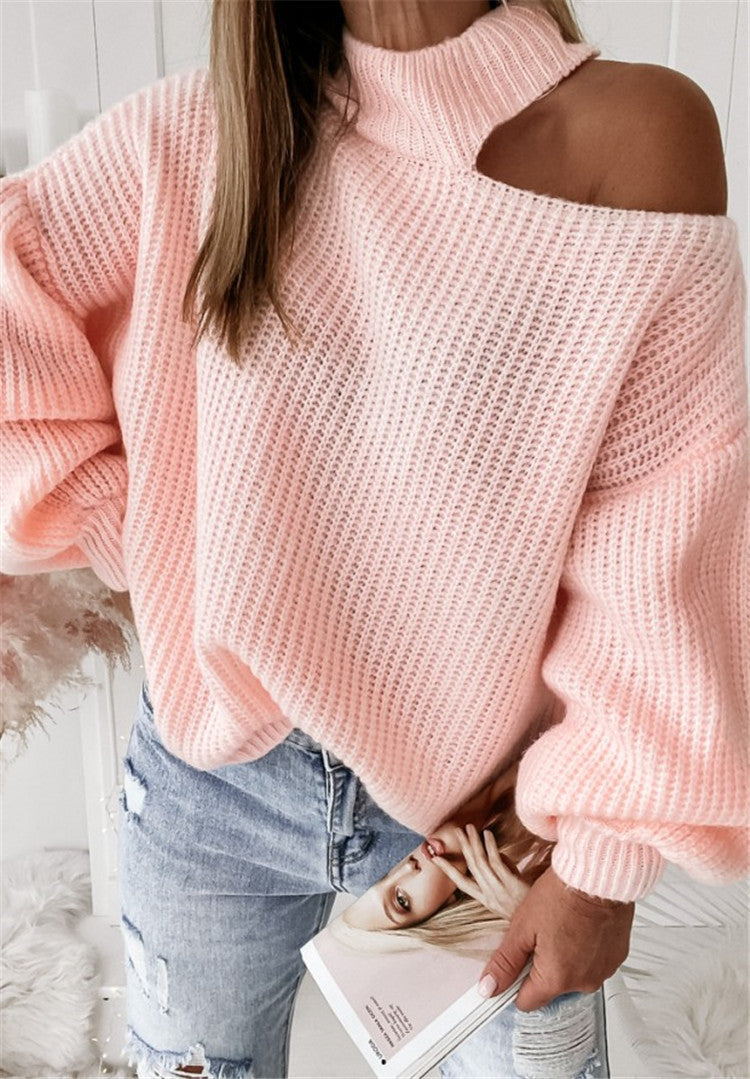 Women's Sweater – Oversized Fit – Asymmetric Shoulder – High Neck Rib Knit