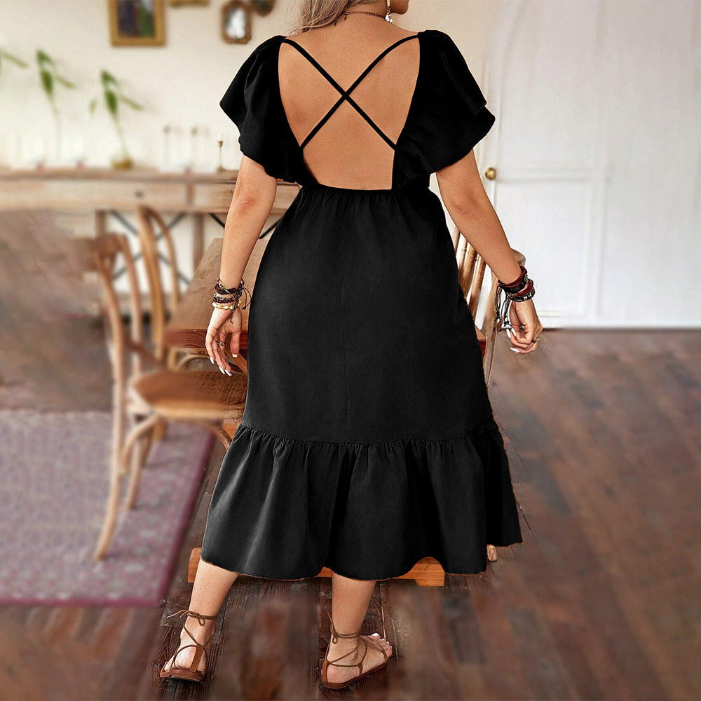 Dress for Women – V-Neckline – A-Line Fit – Ruffle Hem – Puff Sleeves