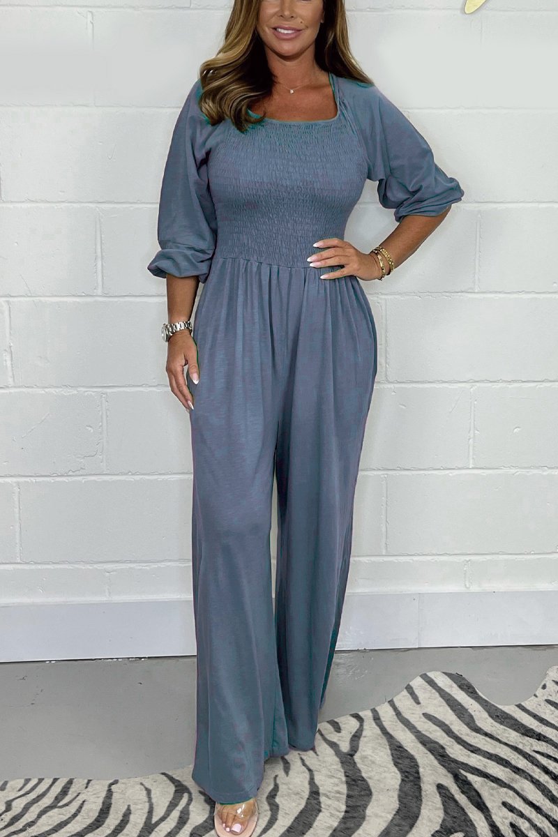 Women's jumpsuit – smocked bodice – cotton blend – wide legs – 3/4 sleeve – square neckline