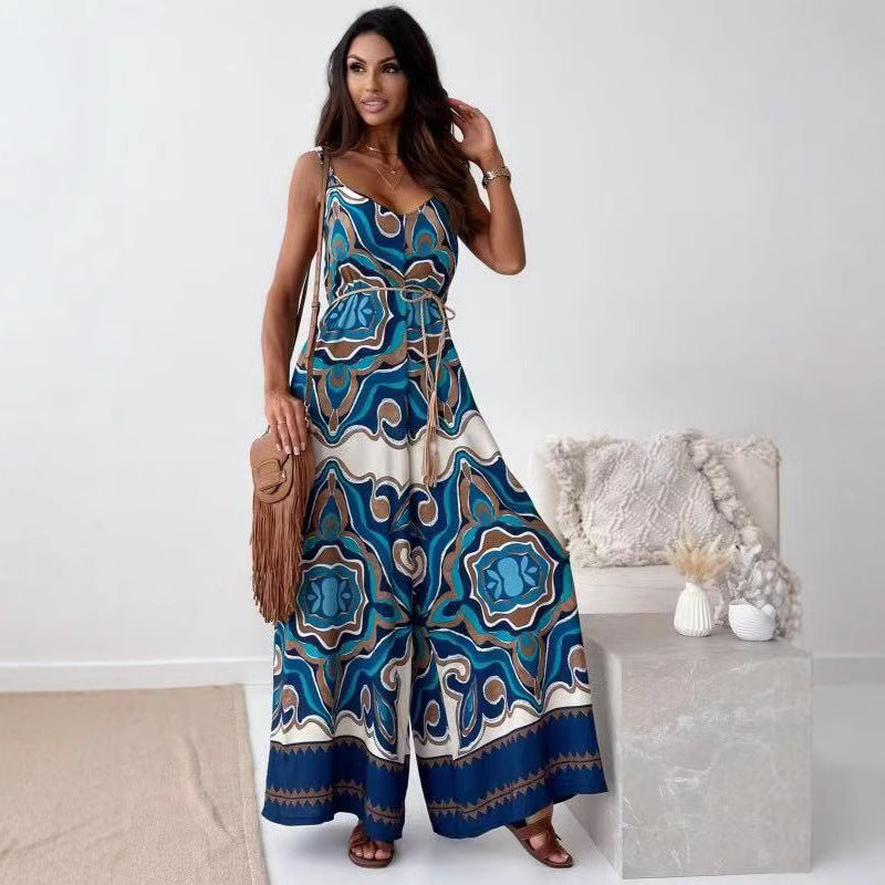 Damebuksedress uten ermer – Vid ben – V-hals – Knyting i livet – Blomsterprint