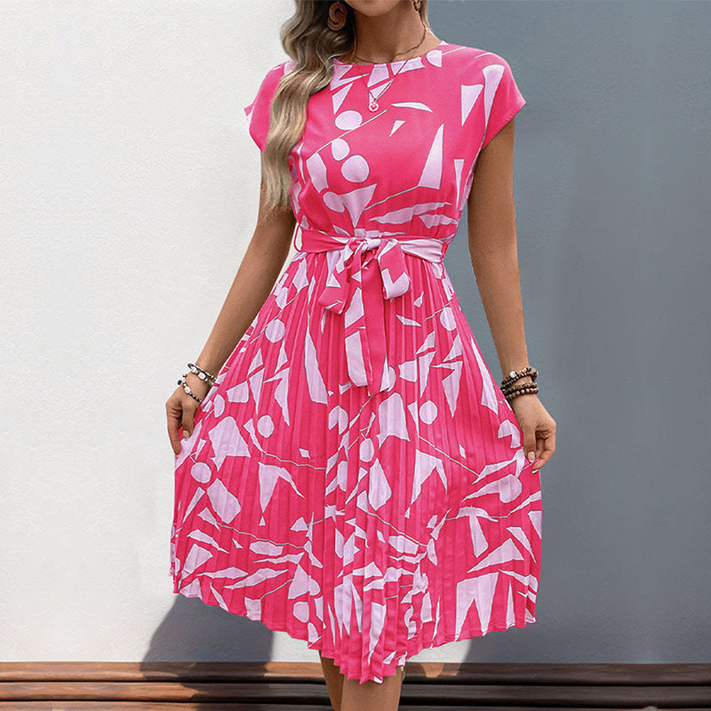Dress woman midi – pleated A-line – geometric pattern – belt – short sleeve