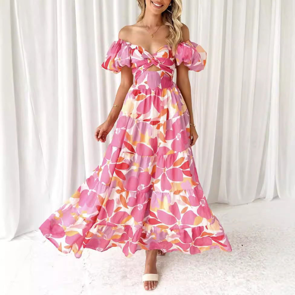 Dame Maxi Kjole – Elegant Print – Pufferm – Avslappet Passform – Lett Bomull