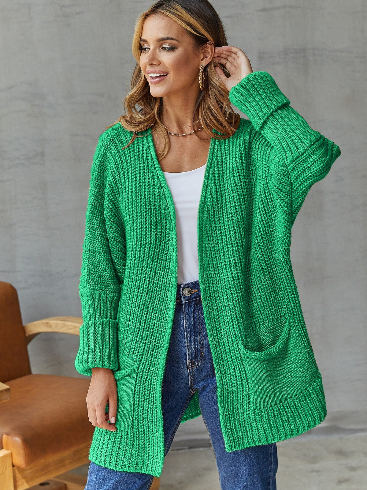 Women's Cardigan Knitted – Oversized Fit – Ribbed Knit – V-Neck – Pockets