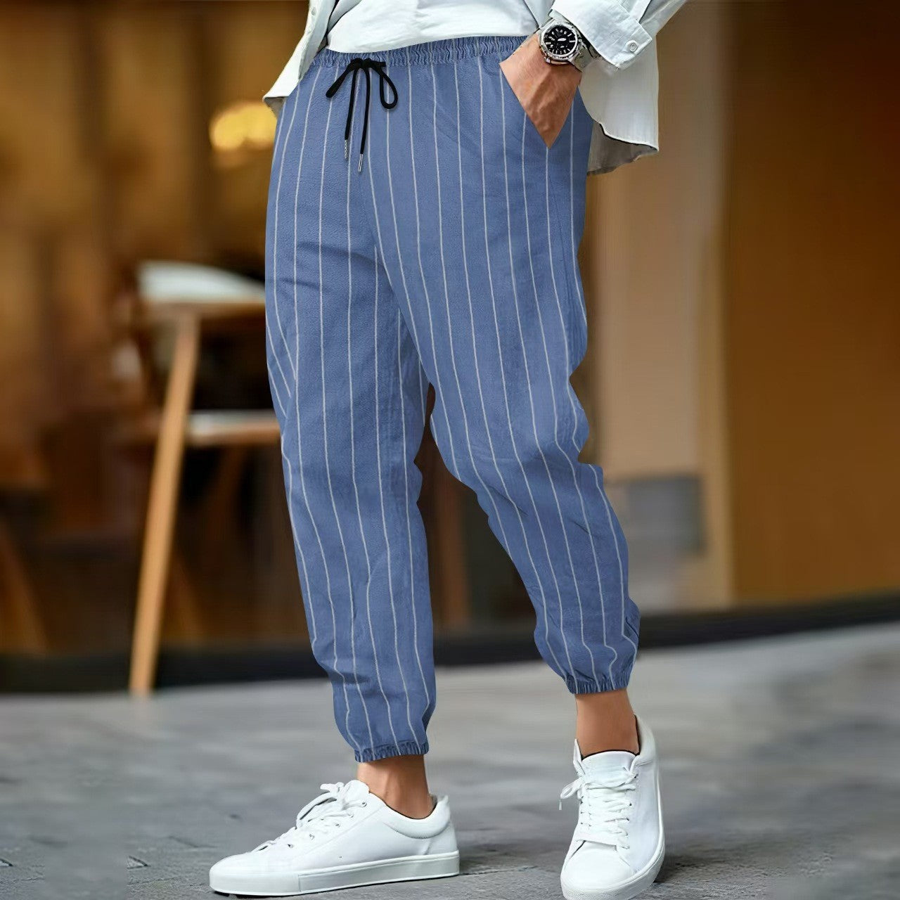 Men's Trousers – Relaxed Fit – Elastic Waistband with Drawstring – Tapered Legs – Cotton Blend