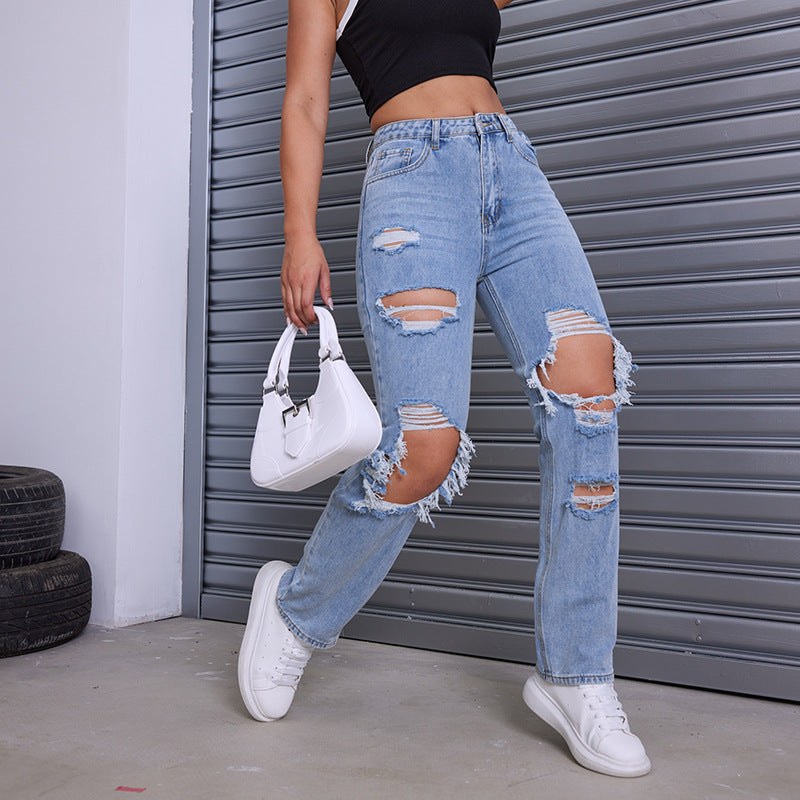Women's Jeans – High Waist – Relaxed Fit – Ripped Denim – Ankle Length