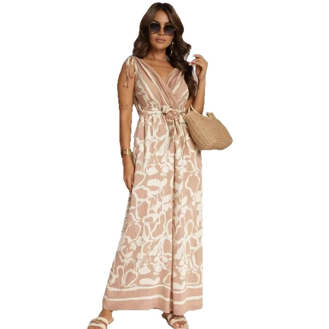 Women's jumpsuit – relaxed fit – sleeveless V-neck – tie belt – all-over print