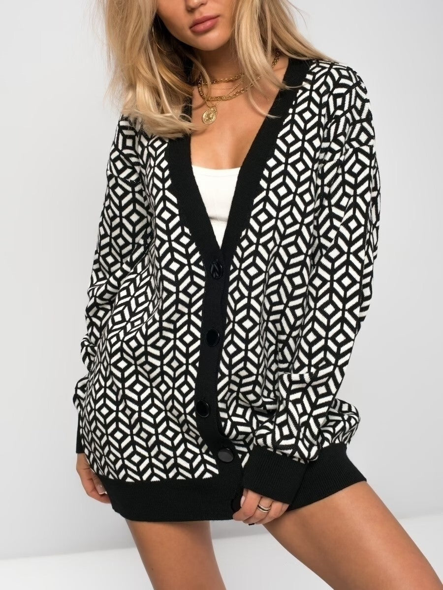 Women's Cardigan Knitted – Oversized Fit – Wool Blend – V-neck – Geometric Pattern