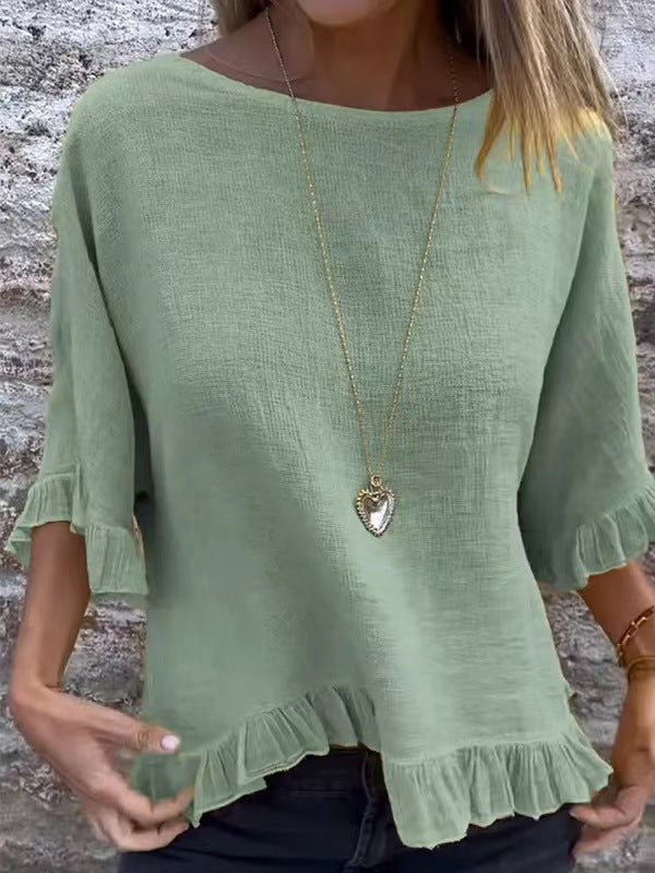 Women's Blouse – Linen and Cotton – Relaxed Fit – Ruffle Edge – Round Neck