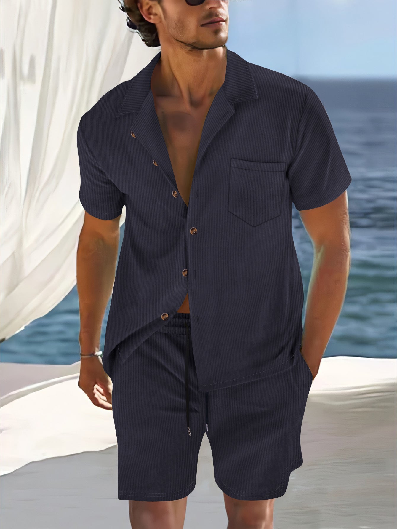 Men's Set with Shirt and Shorts – Relaxed Fit – Cuban Collar – Lightweight Breathable Fabric