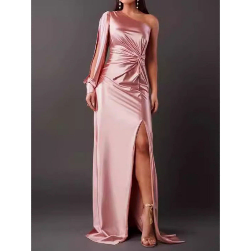 Dress for Women – Maxi Dress – Slim Fit – Satin – One Shoulder – High Slit – Draped Waist