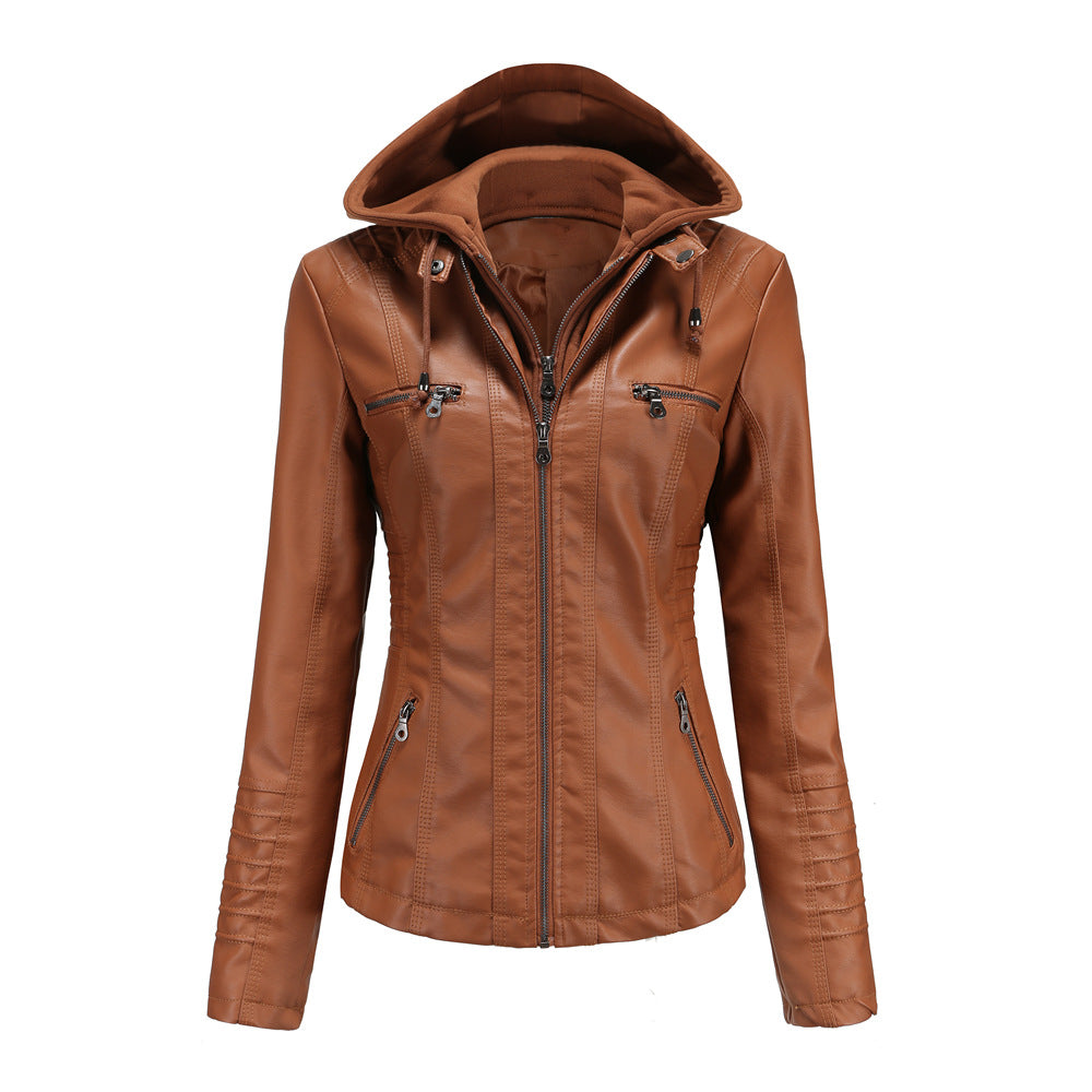 Women's Jacket with Hood – Slim Fit – Faux Leather – Detachable Hood – Zipper Pockets