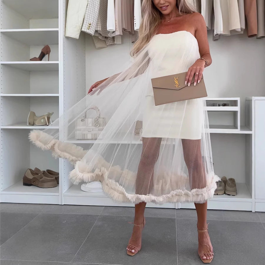 Women's Dress Midi – Strapless Tulle – Loose A-line – Ruffle Hem Casual Style