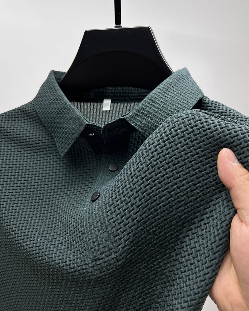 Men's Polo Shirt - Textured Waffle Pattern - Collar with Quarter Button Placket - Breathable