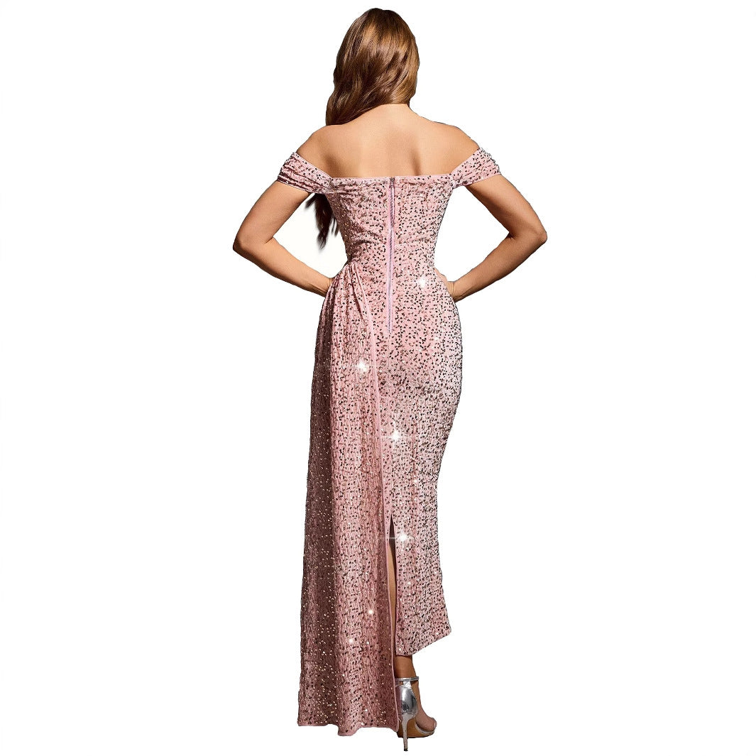 Kjole dame – off shoulder – tettsittende passform – paljetter – fotsid – ermeløs
