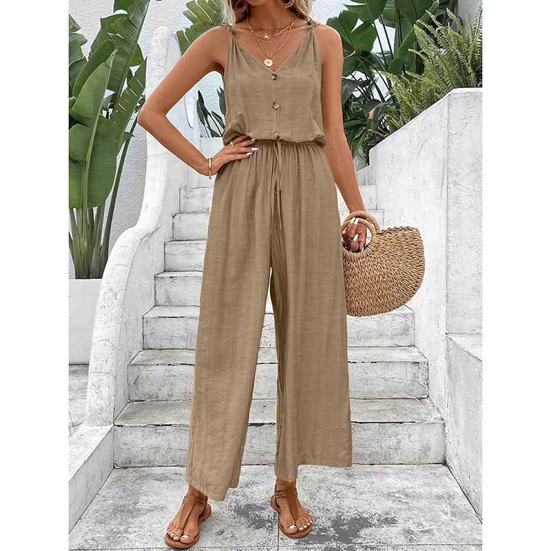 Women's Jumpsuit – Wide Leg – Sleeveless – Buttons – Relaxed Fit Cotton Blend