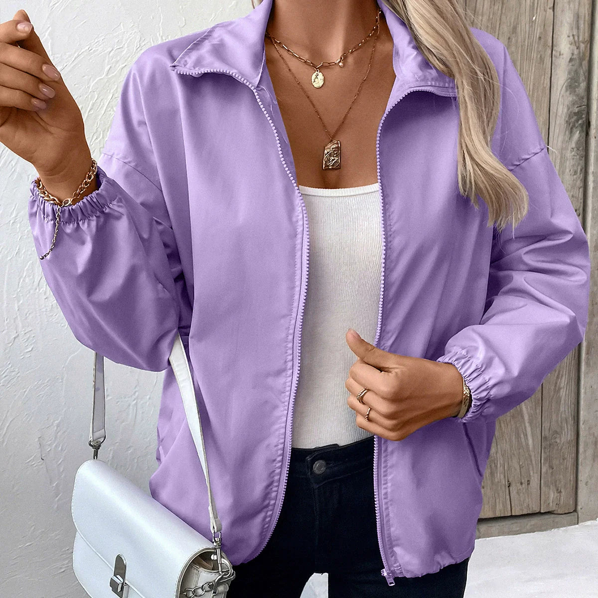 Women's Jacket – Waterproof – Relaxed Fit – Hip Length – Zipper – Elastic Cuffs