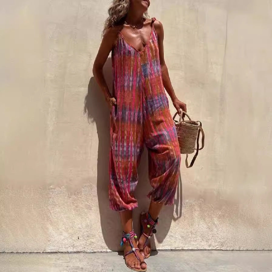 Women's jumpsuit – loose fit – adjustable straps – V-neck – tie belt – pattern