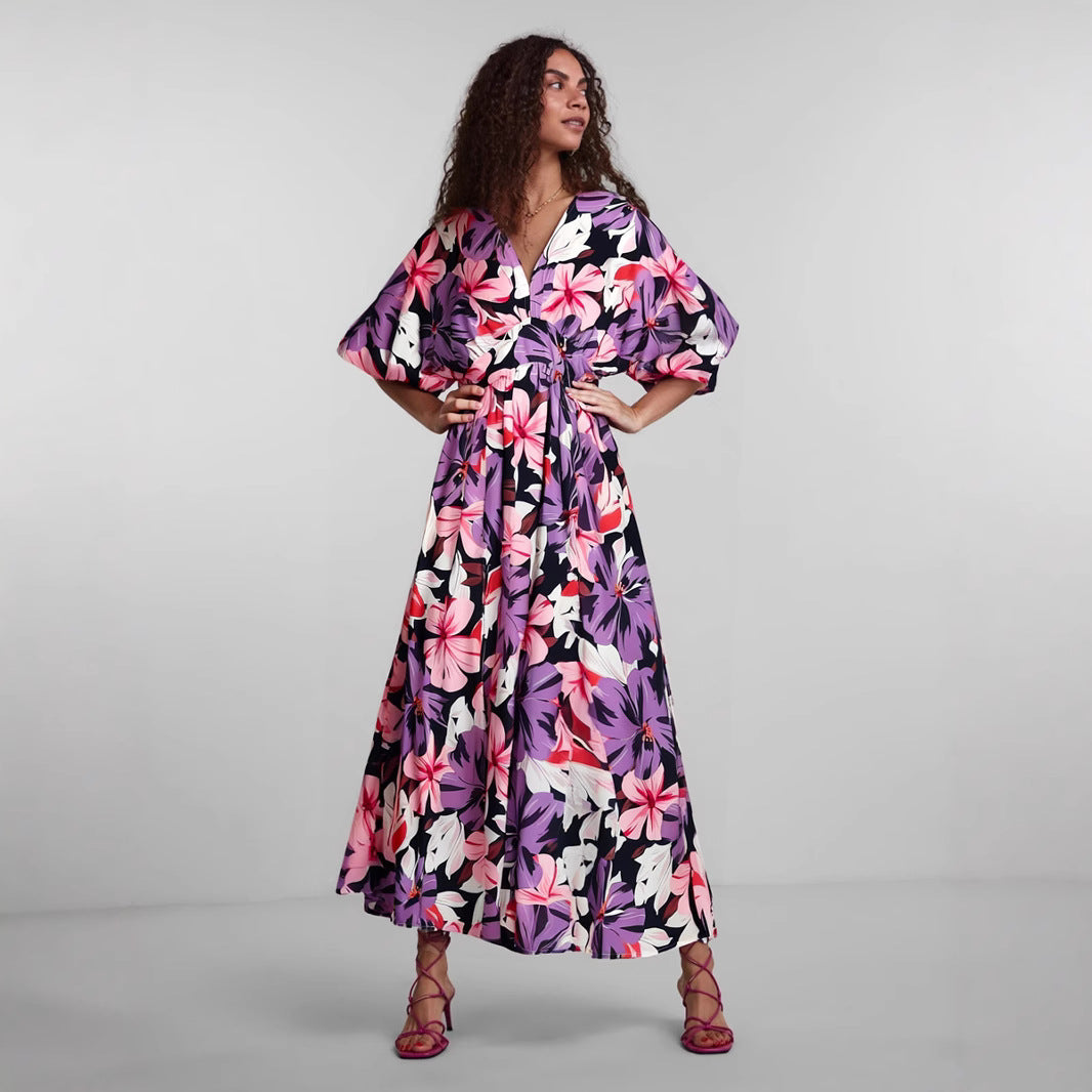 Dress for Women – V-neck – High Waist – Loose Fit – Print – Split in Skirt