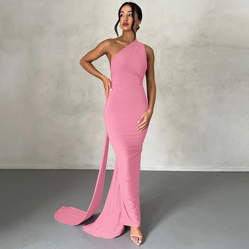 Dress for Women – Slim Fit – One Shoulder – Ruched Long Dress – Smooth Stretch Fabric