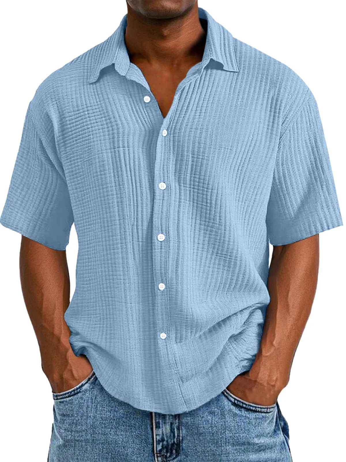 Men's Shirt with Short Sleeves – Relaxed Fit – Breathable Natural Fiber – Collar and Buttons