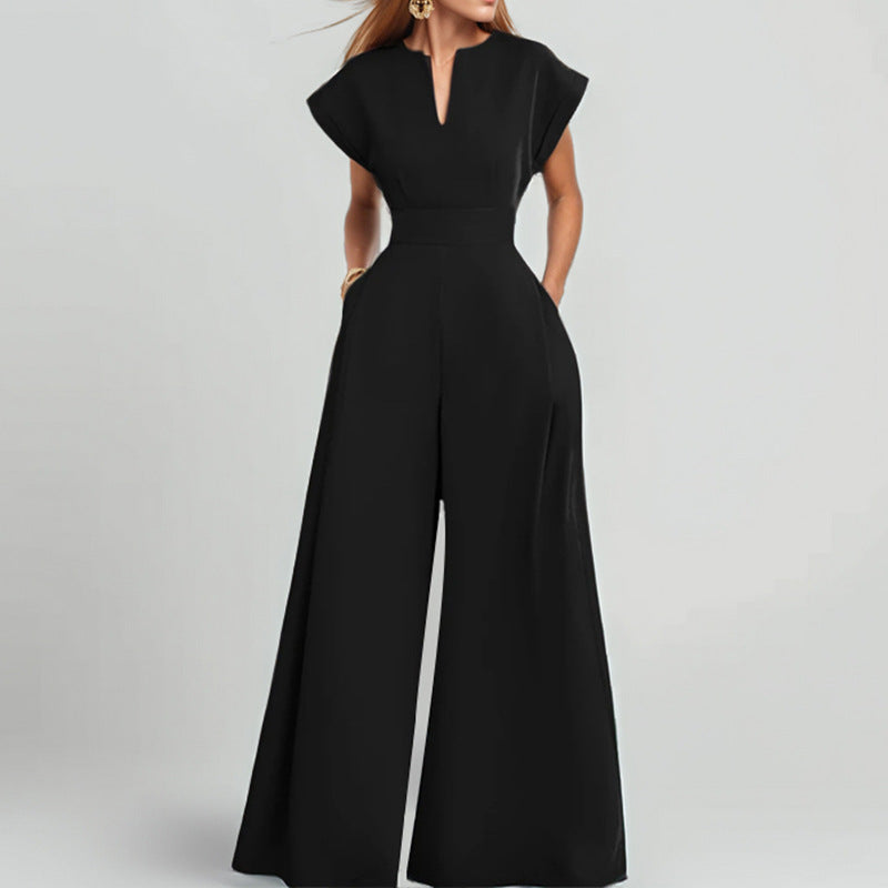 Women's Jumpsuit – Wide Fit – V-Neck – Short Sleeves – Wide Legs – Elegant Style