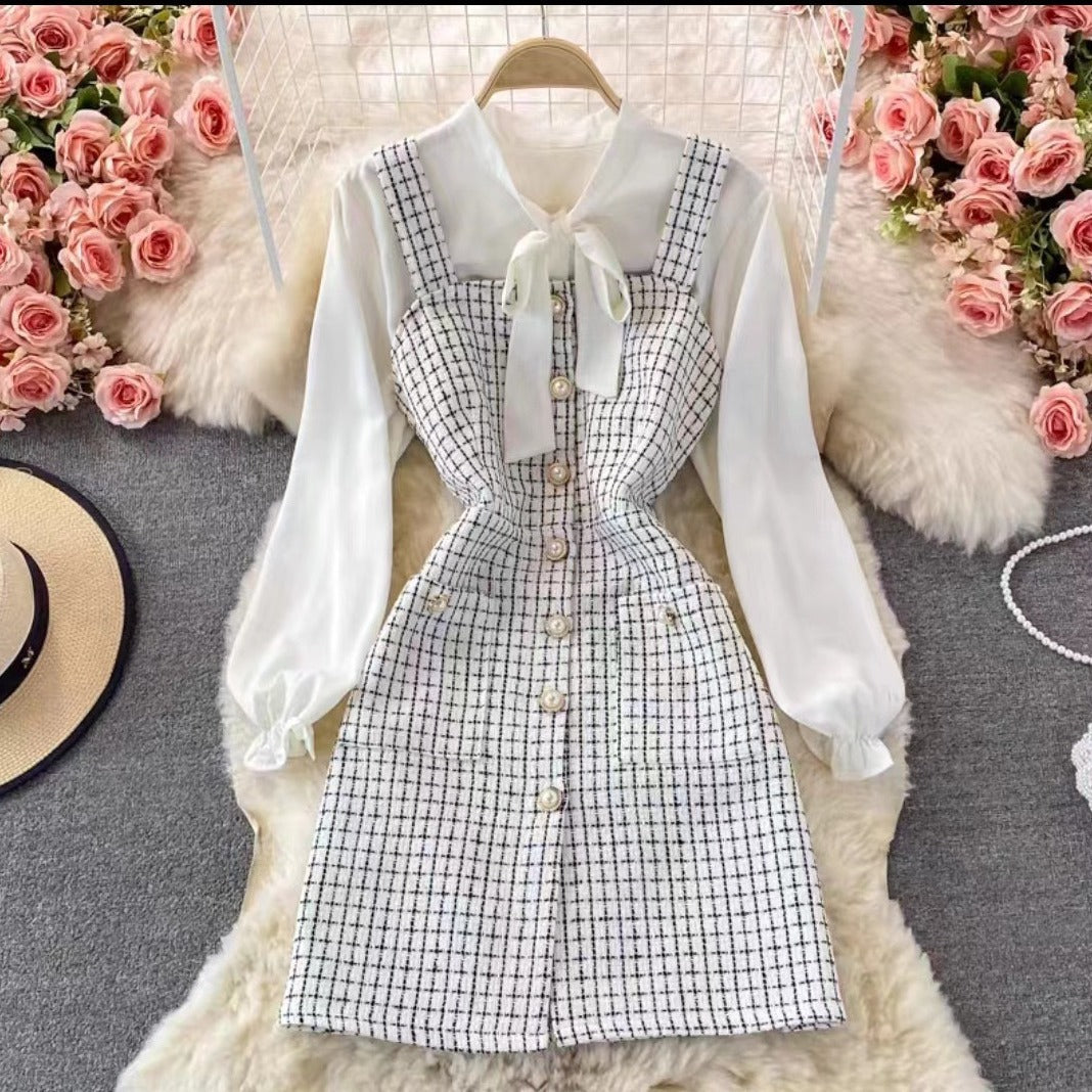 Women's Set with Pinafore Dress – Tweed – A-line – Blouse with Bow and Puff Sleeves
