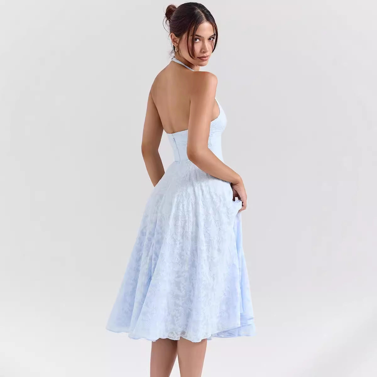 Dress for Women – Slim Fit – A-line Cut – Deep V-neck – Satin-like Fabric – Midi