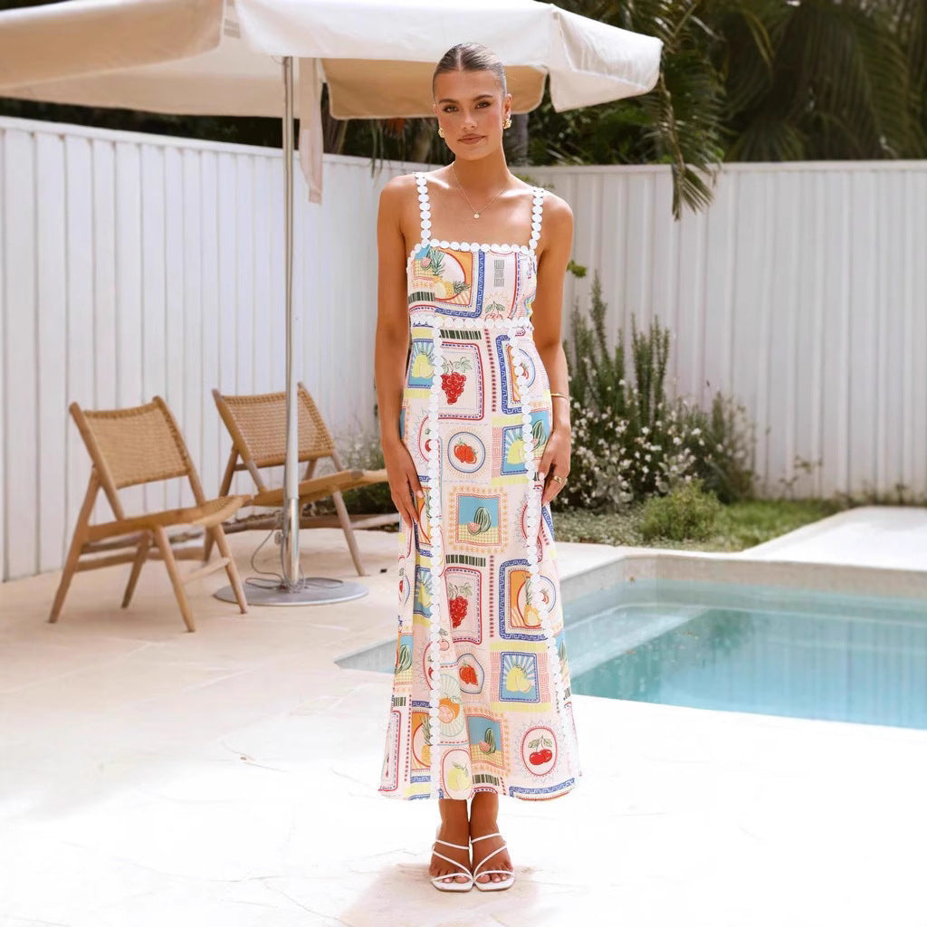 Women's Maxi Dress – Linen Blend – Loose Fit – Sleeveless – Geometric Pattern – Lace Trim