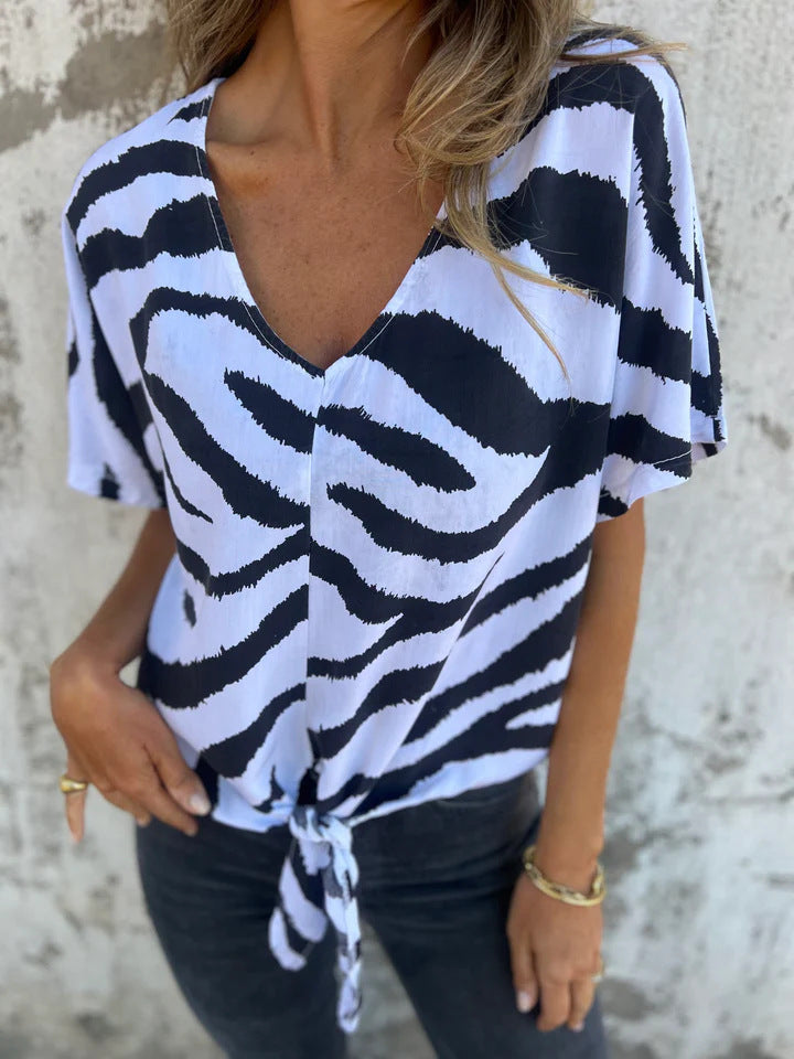 Women's Short Sleeve Top – Zebra Pattern – V-neck – Knot Detail – Relaxed Fit