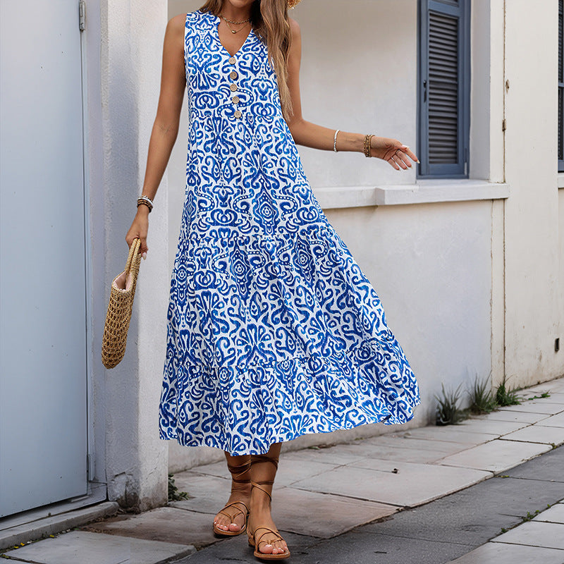Women's Midi Dress – Sleeveless V-neck – Relaxed Fit – A-line – Abstract Pattern