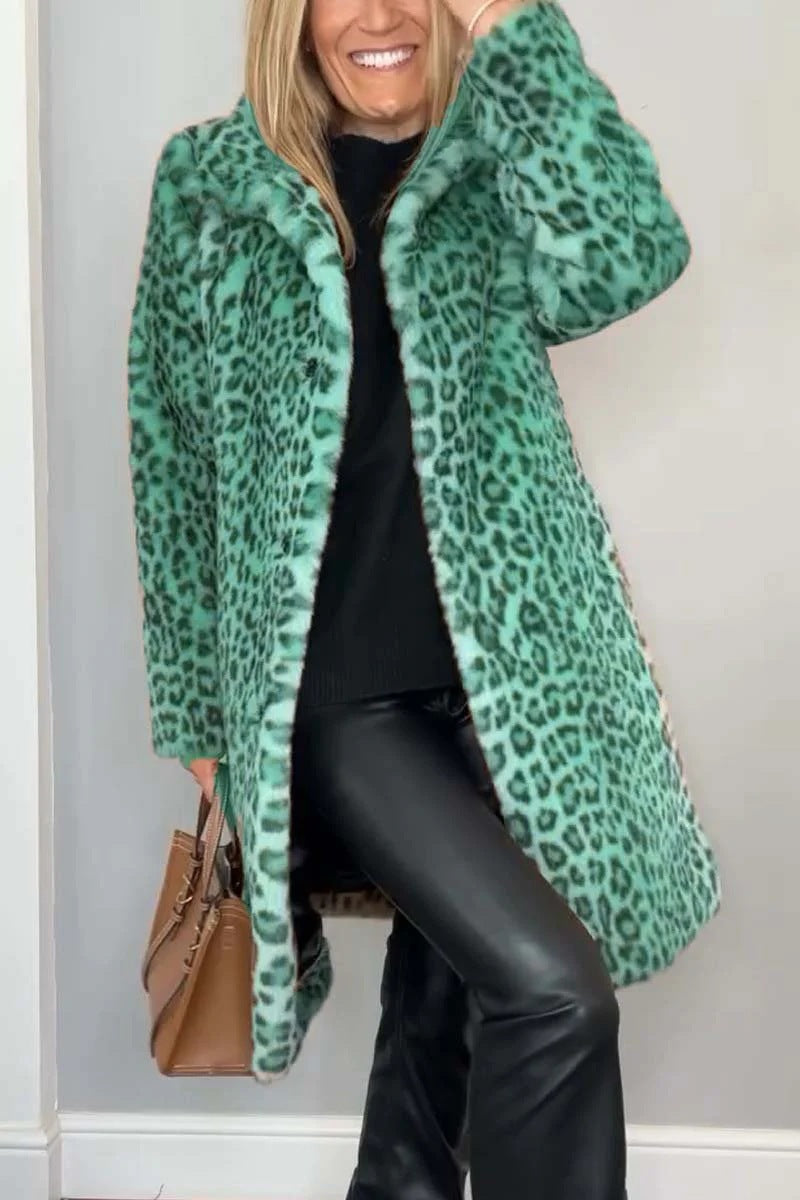 Women's Coat – Faux Fur – Oversized Fit – Animal Print – Open Front – Notch Collar