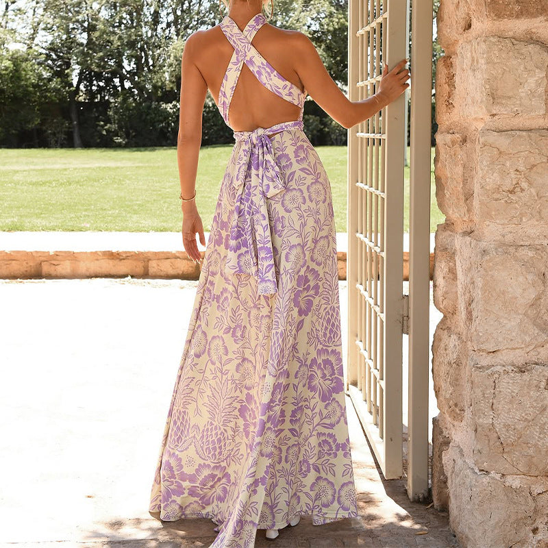 Dress woman – Halterneck – Floral print – Open back – Floor-length – Elegant fit
