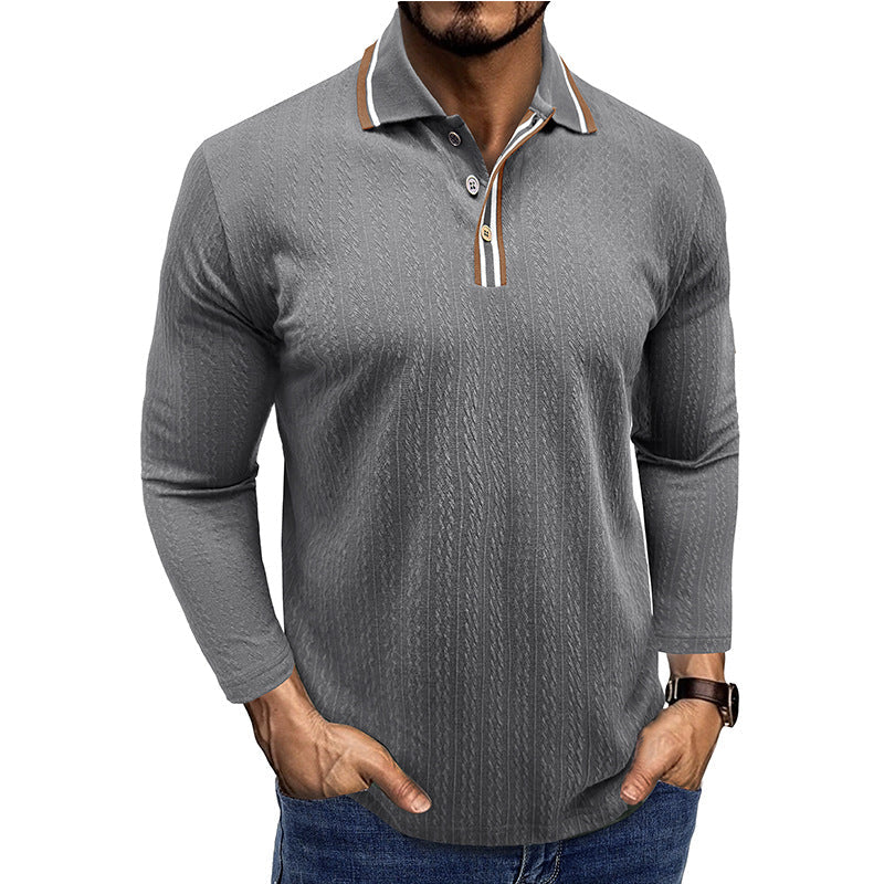 Men's Polo Shirt – Tailored Fit – Long Sleeve – Striped Collar – Knitted Texture