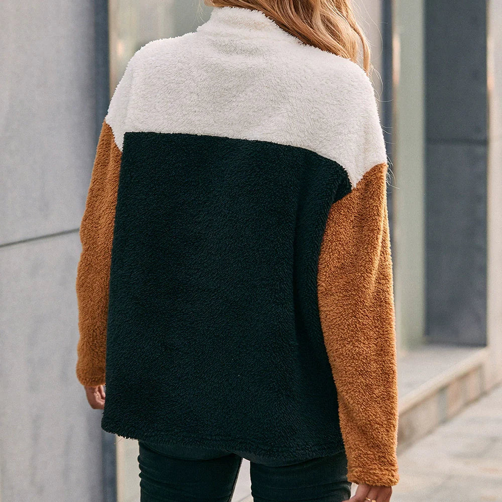 Women's Sweater – Oversized Fit – Soft Double-Sided Texture – Half Zip and Patch Look