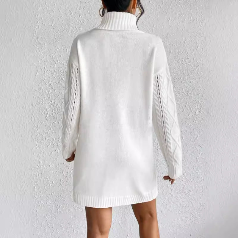 Dame Strikkekjole – Slim Fit – Kabelstrikk – Høy Hals – Lange Ermer – Mini Lengde
